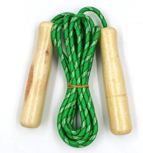 A beautifully coiled and elastic-banded 7.9-foot jump rope with a wooden handle and green cord