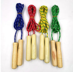 12 Piece Bulk Wholesale Toy Jump Ropes Wooden Handle 7.6-Foot for Fitness and Fun, 3 Of Each Color. Four wood handled jump ropes, in blue, red, yellow, and green, from the 12 Piece Bulk Jump Ropes 7.9-Foot