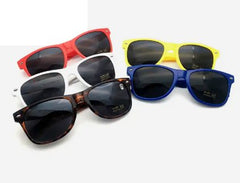 Celebrate in Style with 50-Piece UV400 Colorful Sunglasses – Kids' Favorite Accessory Fifty colorful UV400 sunglasses in red, white, brown, blue & yellow on white background—perfect for events or giveaways.