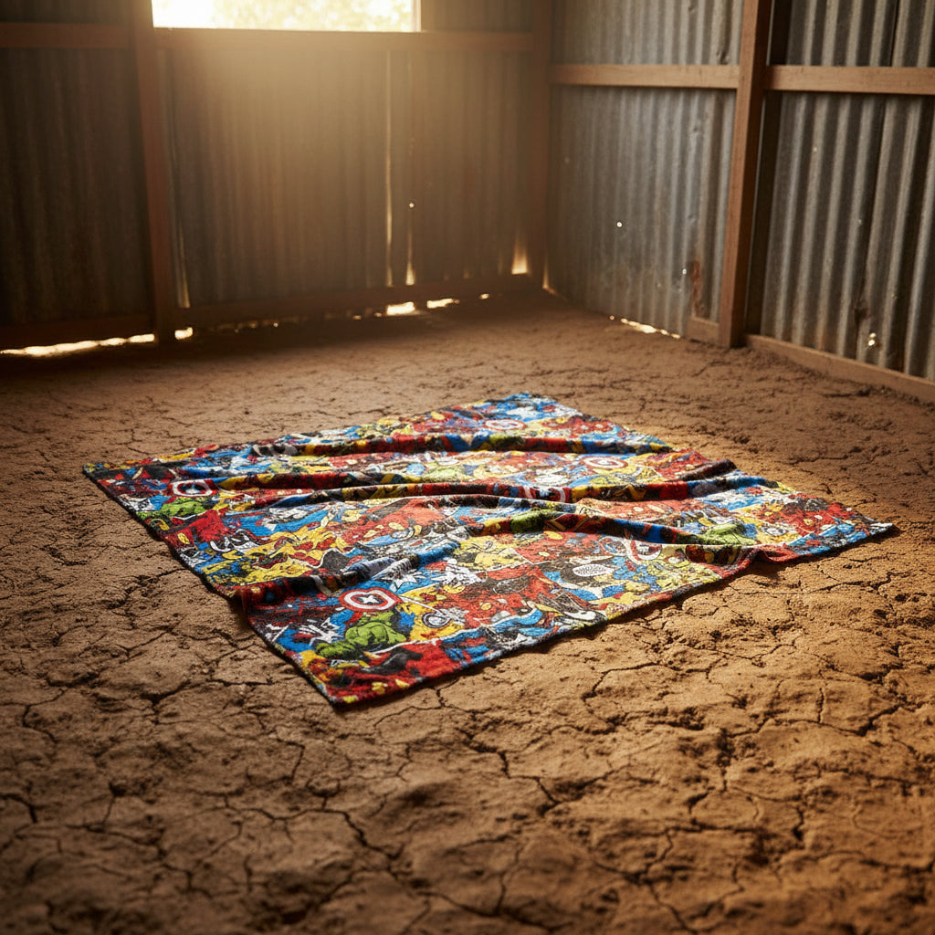 Marvel Avengers fleece blanket with colorful design on a mud floor in a tin hut