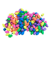 Bulk Neon Zoo Animal Pencil Top Erasers - 144 Pack (.09ea) Colorful plastic beads scattered on a white surface