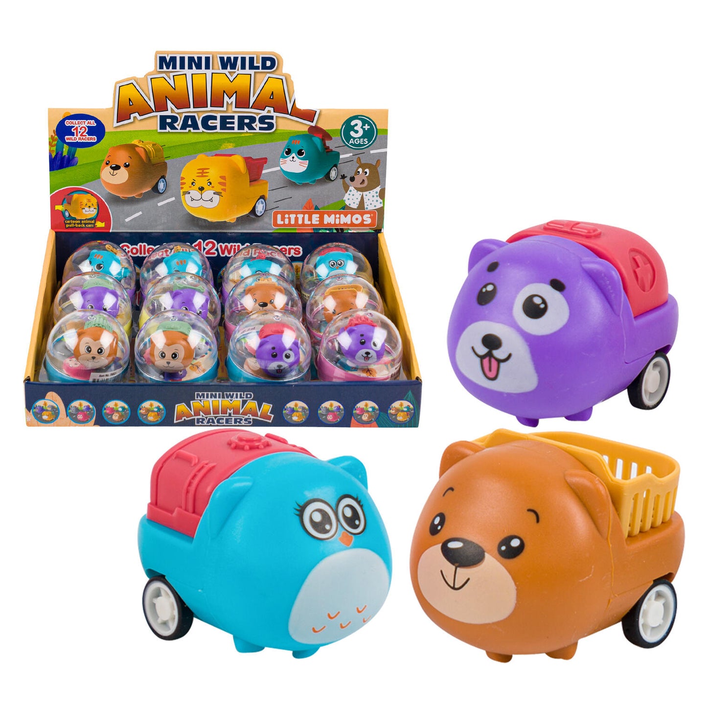 Colorful mini animal cars in a display box, featuring smiling faces and smooth-rolling wheels, ideal for kids.