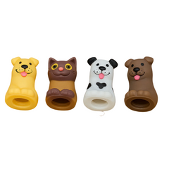 Mini Cat and Dog Finger Puppets – Soft Vinyl Animal Toys (1 Piece) Four dog toy handles with cartoonish animal faces on a brown background