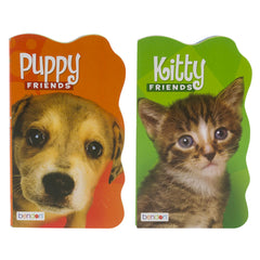 Puppy & Kitty Friends Board Book for Toddlers — 10 Pages Both books (5" × 8.5") by Bendon Two toy boxes for puppies and kittens with dog and cat faces on an orange and green background, respectively.