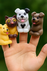 Mini Cat and Dog Finger Puppets – Soft Vinyl Animal Toys (1 Piece) Mini cat and dog finger puppets on a hand, soft vinyl animal toys for imaginative play.