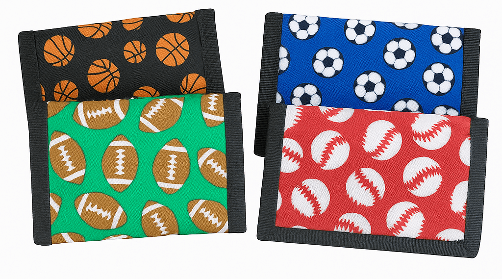 Boys Sports Velcro Wallet – Trifold | Basketball, Soccer, Football & Baseball Prints | Ages 3+ - Lion Wholesale