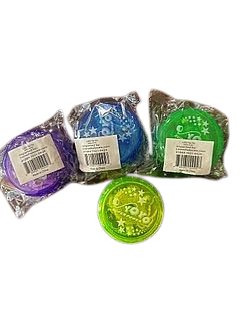 Four LED Light Yo-Yos in vibrant colors, one purple, one blue, and two green with bright LED lights and durable design.