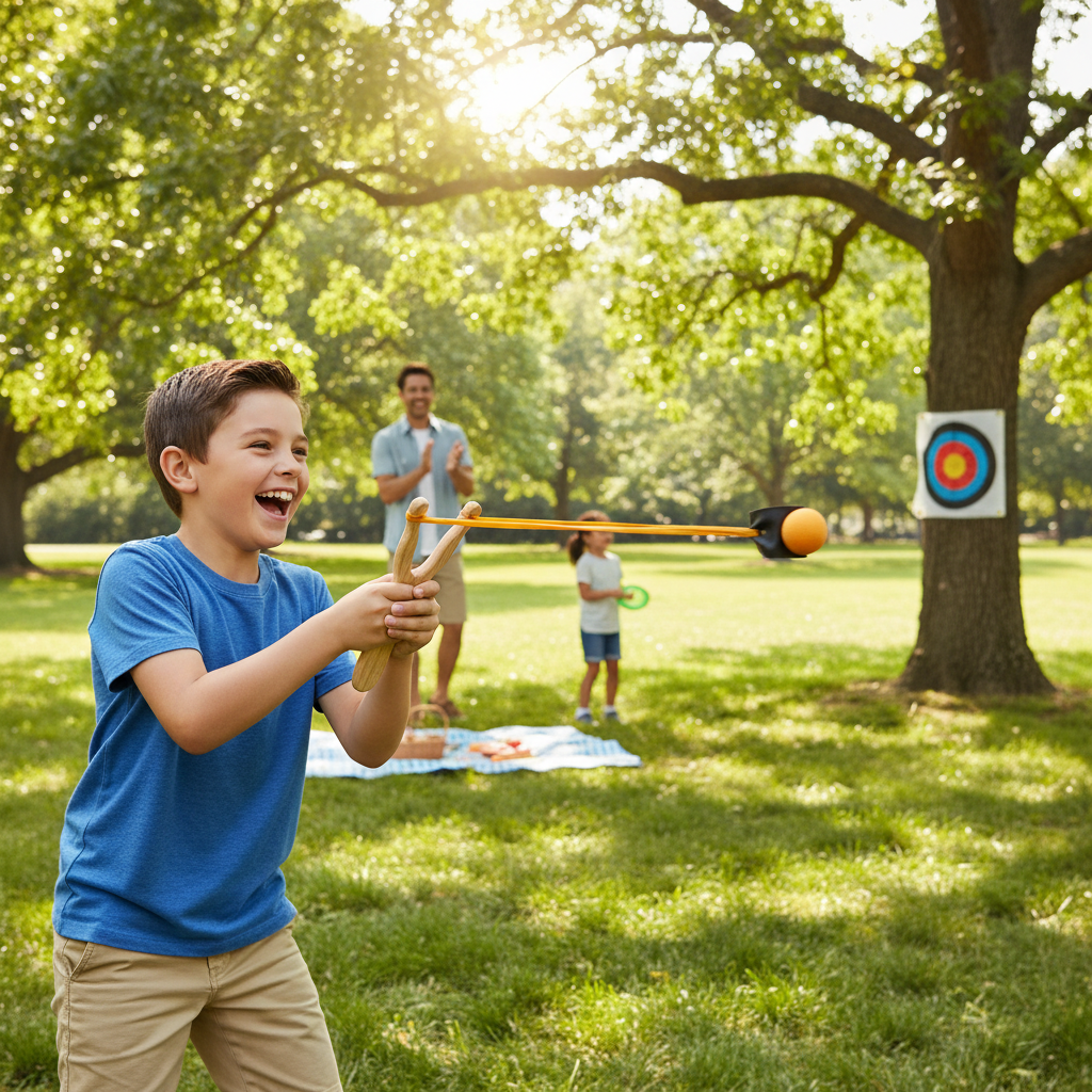 Child playing with a slingshot in a park with family in the background