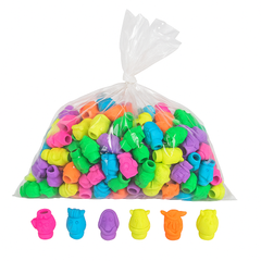 Bulk Neon Zoo Animal Pencil Top Erasers - 144 Pack (.09ea) Bulk neon zoo animal pencil top erasers in bright colors, packaged in a clear bag with assorted animal shapes.
