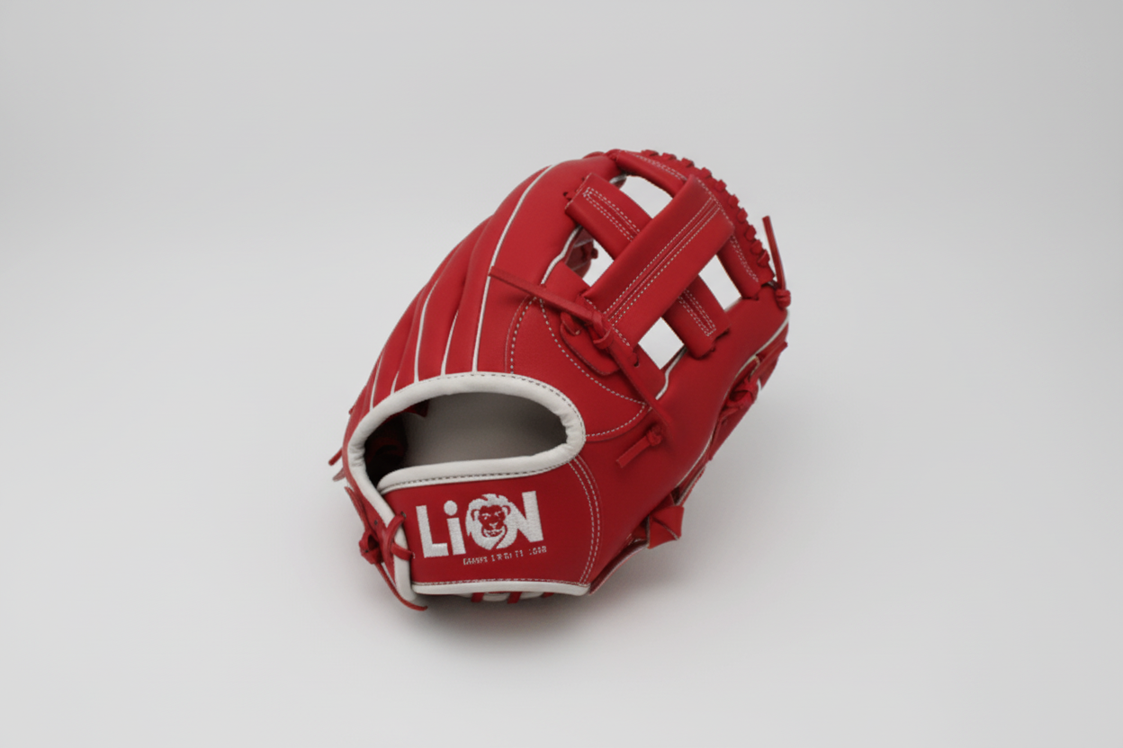 Red baseball glove with 'Lion' branding on a white background
