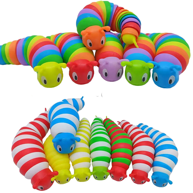 Colorful toy worms with a free color box for 100 PCS on a white background