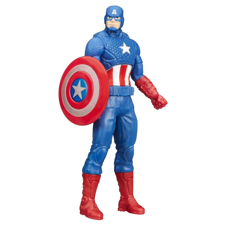 A 6" Tall plastic Captain American Action Figure with a Shield in the left hand