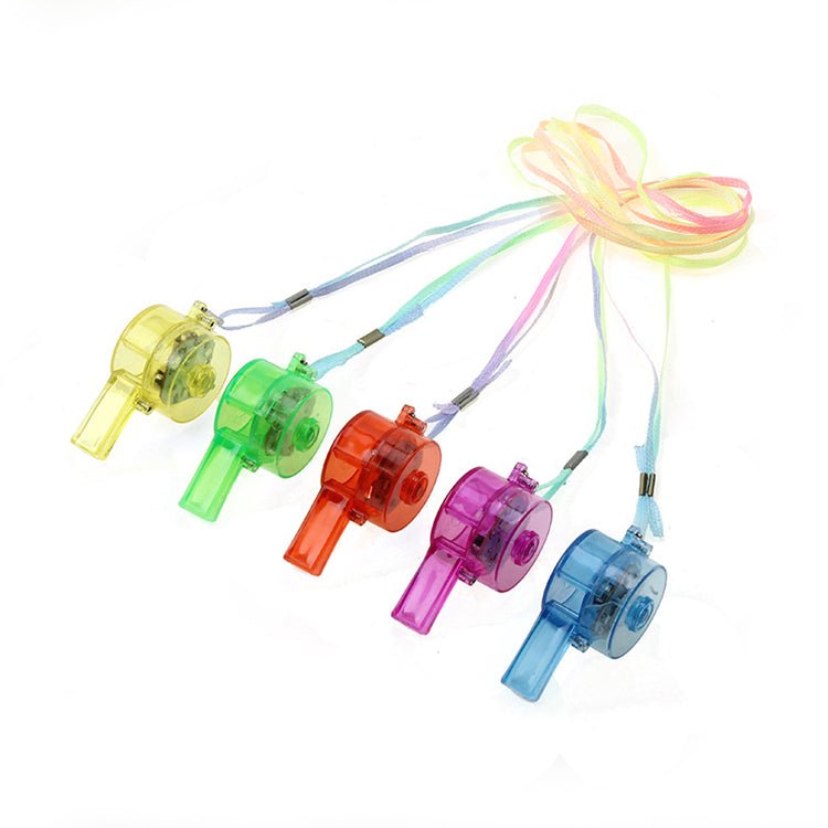 LED Whistles with ribbon straps tied together, blue, red, pink, green and yellow, side by side