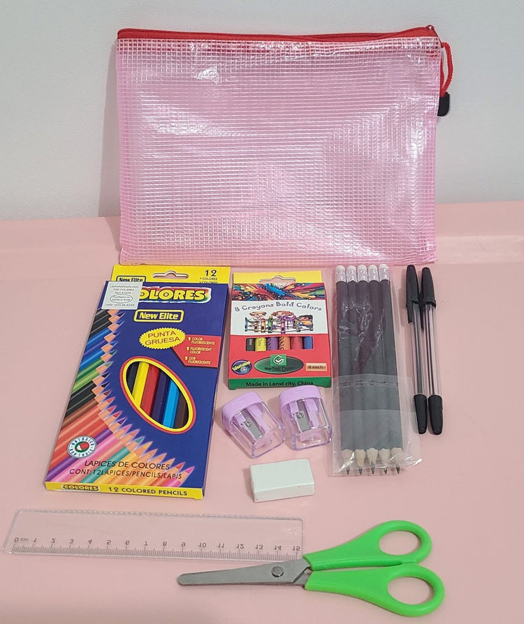 A School Supply Kit with Pencils, colored pencils, scissors, crayons, sharpeners, a ruler, 2 ink pens