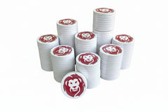 Stacks of white cups with red lion logo on a white background