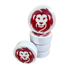 Set of white cylindrical stamps with red lion logo on a white background