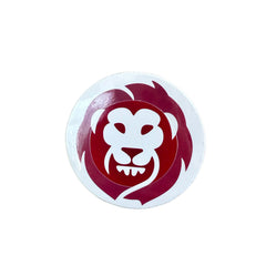 Round sticker with a lion design on a white background