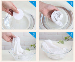 Step-by-step process of washing a white garment in a glass bowl with water.