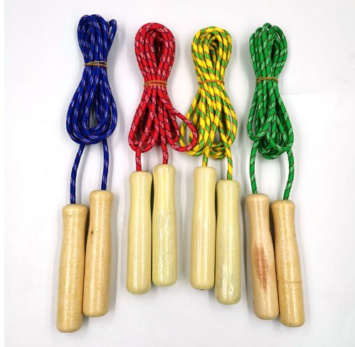 Four wood handled jump ropes, in blue, red, yellow, and green, from the 12 Piece Bulk Jump Ropes 7.9-Foot
