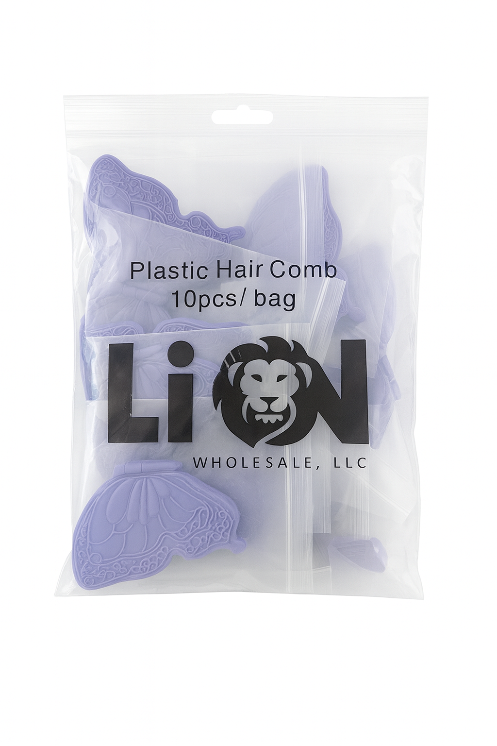 Packaging of plastic hair combs with Lion Wholesale, LLC branding.