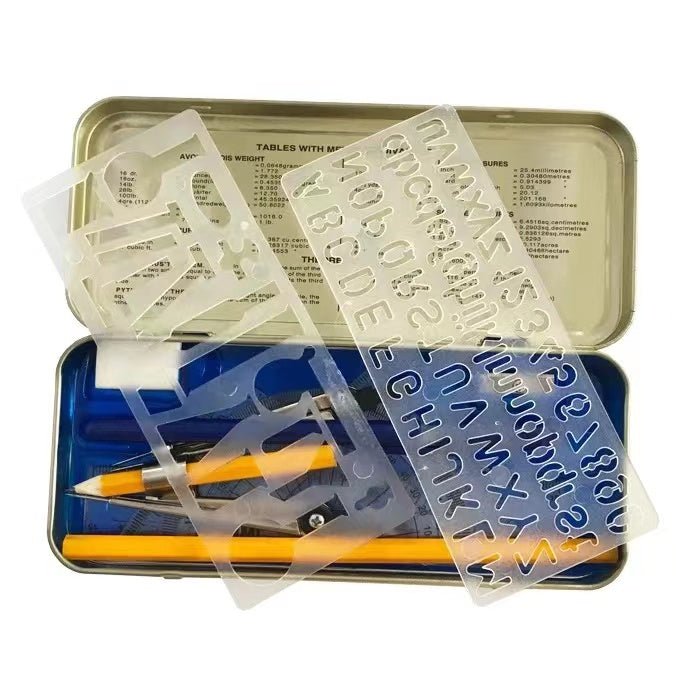 11pcs Geometry Set – Compass, Protractor, Ruler, Stencils & More | Metal Case - Lion Wholesale