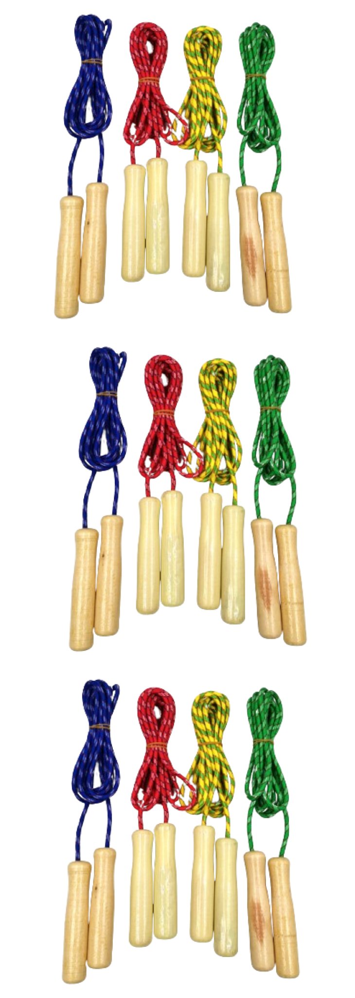 Four wood handled jump ropes, in blue, red, yellow, and green, from the 12 Piece Bulk Jump Ropes 7.9-Foot