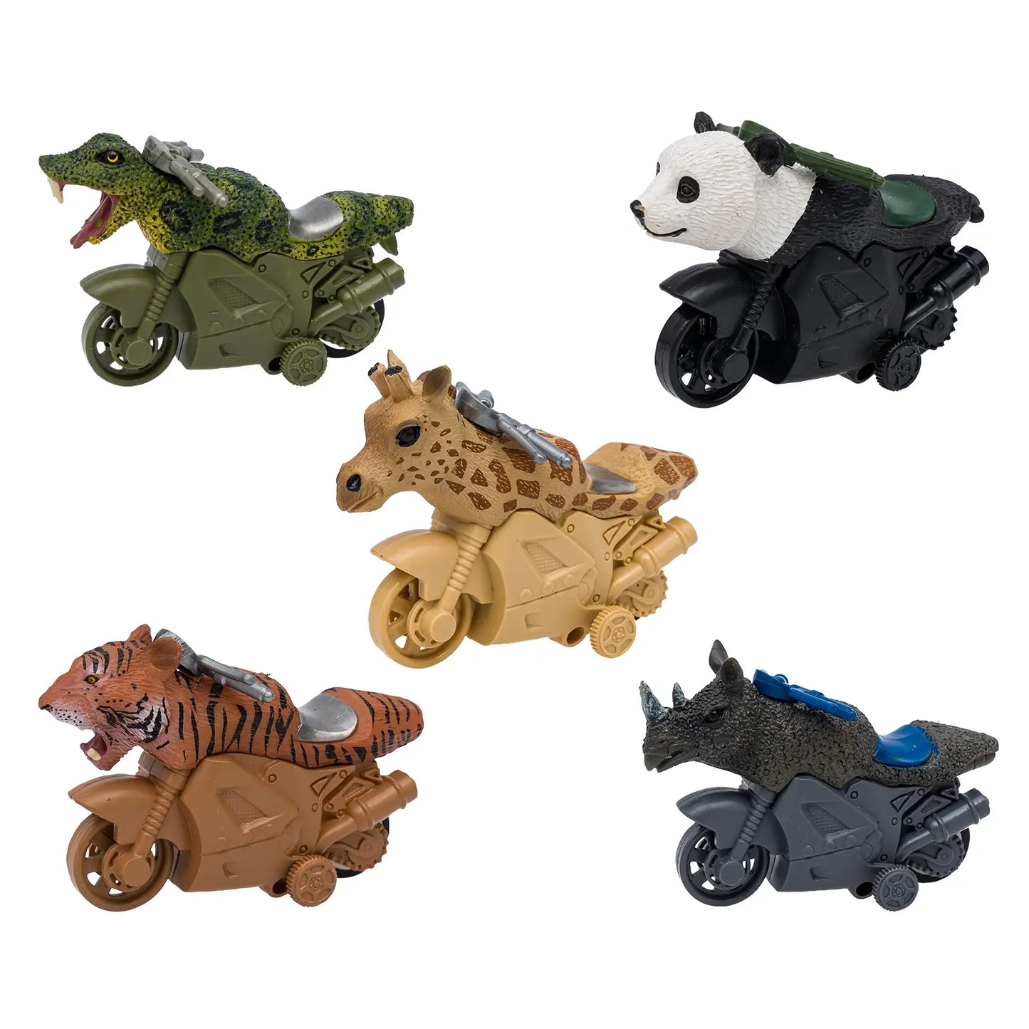 Five animal figurines on motorcycles with a white background