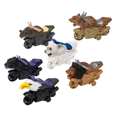 Set of animal figurines on motorcycles with a white background