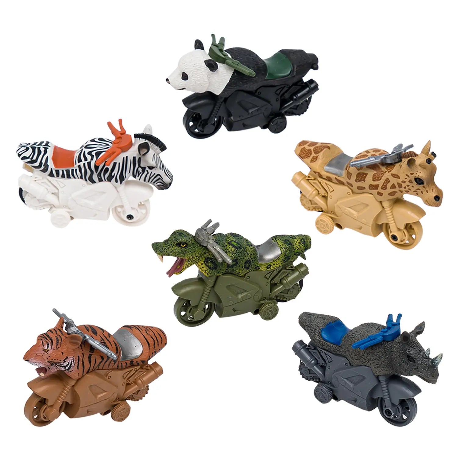 Set of animal-themed toy motorcycles on a white background