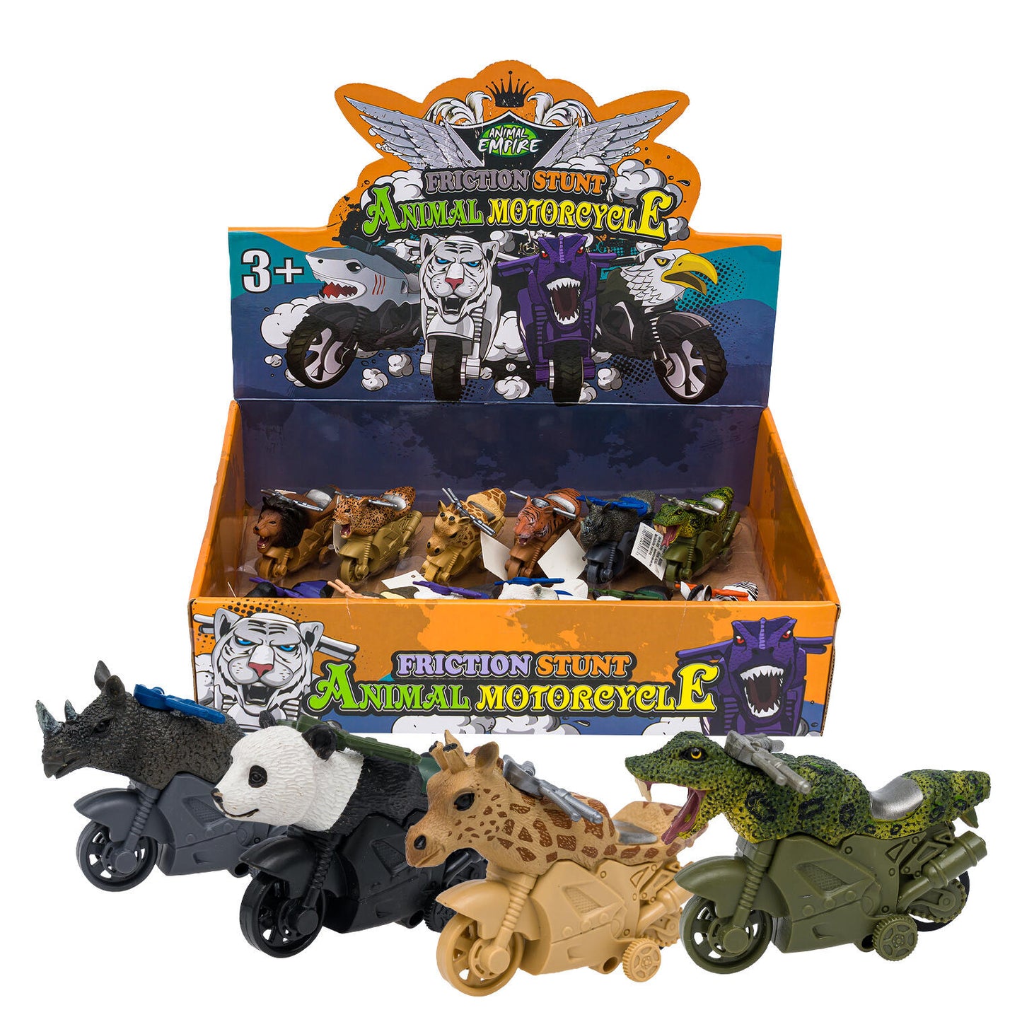 Box of animal motorcycle toys with various animals on motorcycles, featuring a colorful display stand.