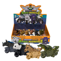 Box of animal motorcycle toys with various animals on motorcycles, featuring a colorful display stand.