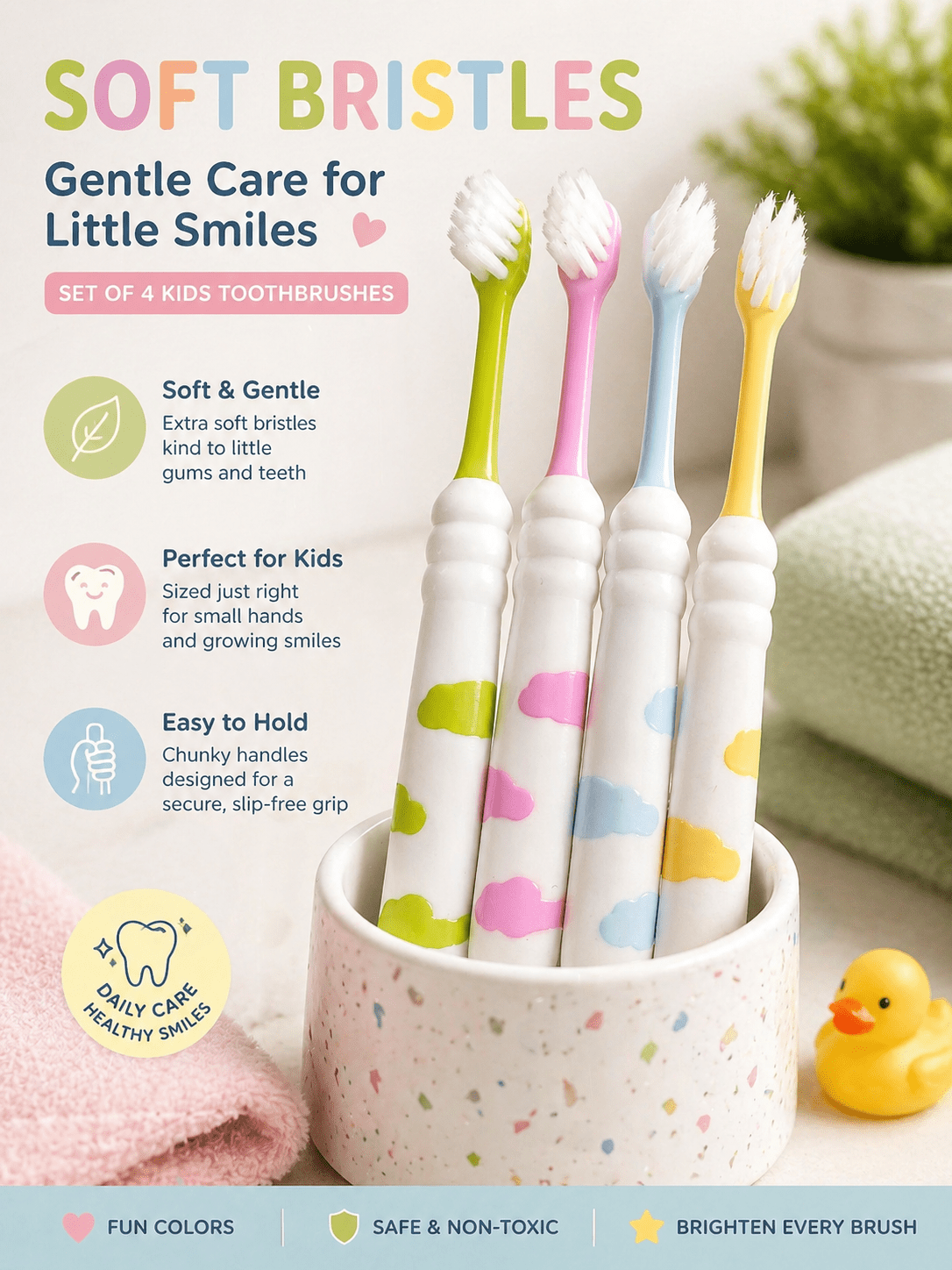 2 - Pack Soft Bristle Children's Toothbrush w/ Cap - Set | Assorted Colors - Lion Wholesale