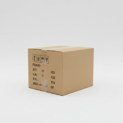 A close-up of a brown cardboard shipping box printed with black handling icons and shipment details including item number, quantity of 200 pieces, gross weight 15 kg, net weight 14 kg, and dimensions 44x32.5x30 cm.
