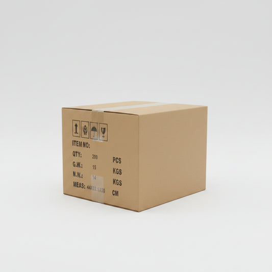A close-up of a brown cardboard shipping box printed with black handling icons and shipment details including item number, quantity of 200 pieces, gross weight 15 kg, net weight 14 kg, and dimensions 44x32.5x30 cm.