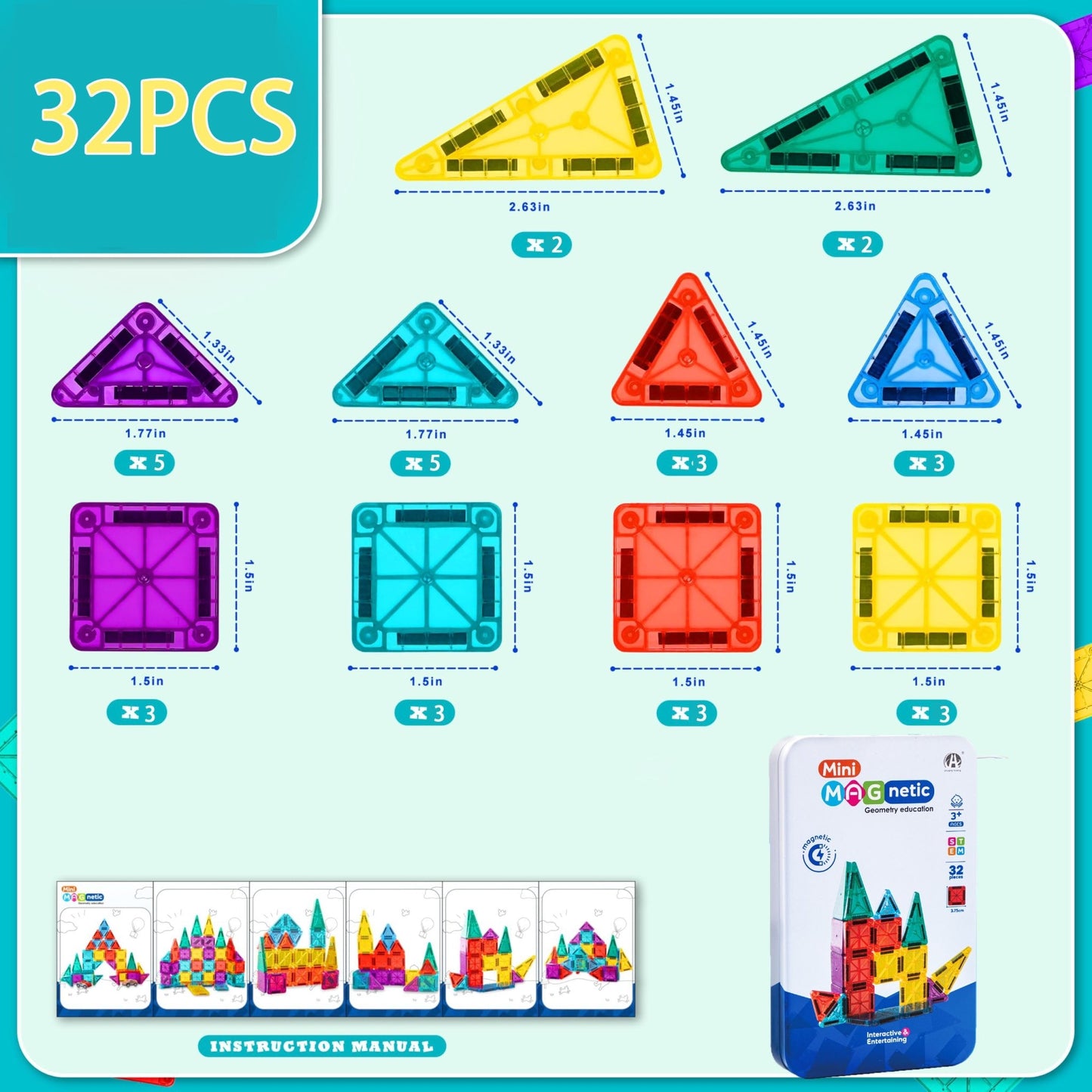 32 Piece Mini - Magnetic Tile Set | STEM Building Toy for Kids - Lion Wholesale