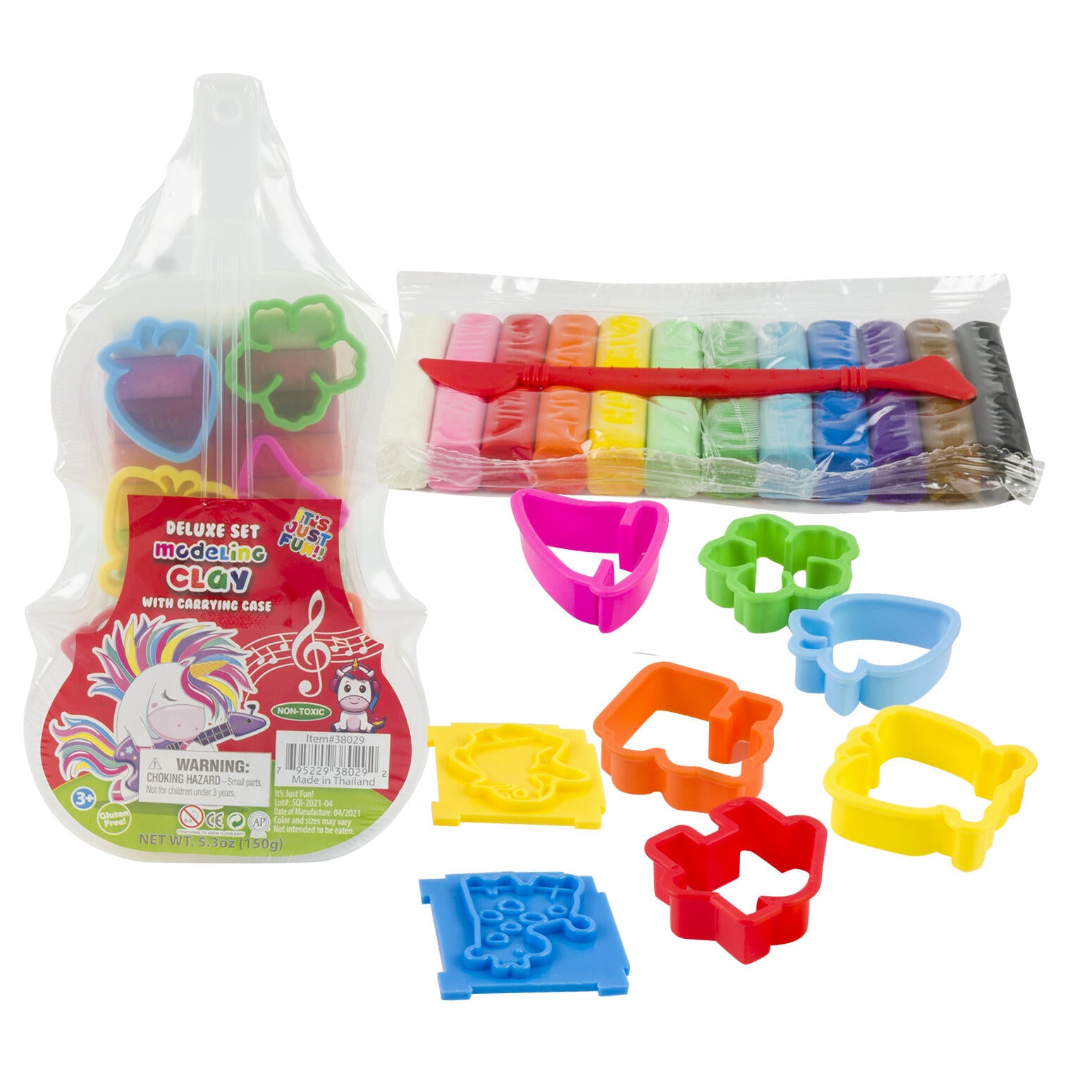 Modeling clay kit with clay, carrying case, and molds spread out on white background