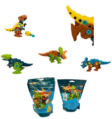 Several images display the vibrant, small dinosaur figures from the 4 Piece Build-Your-Own Dinosaur Toy Kit.