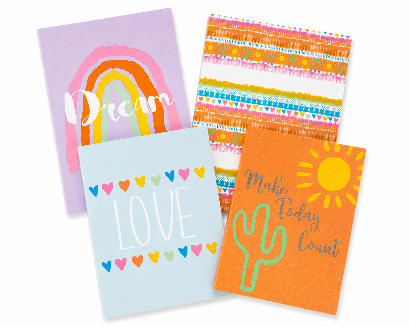 Four colorful greeting cards arranged on a white background, each with a different playful design: a lavender card with a rainbow and the word 'Dream,' a light blue card with hearts and the word 'LOVE,' a striped orange-and-white card, and an orange card with a cactus and sun reading 'Make Today Count.'.