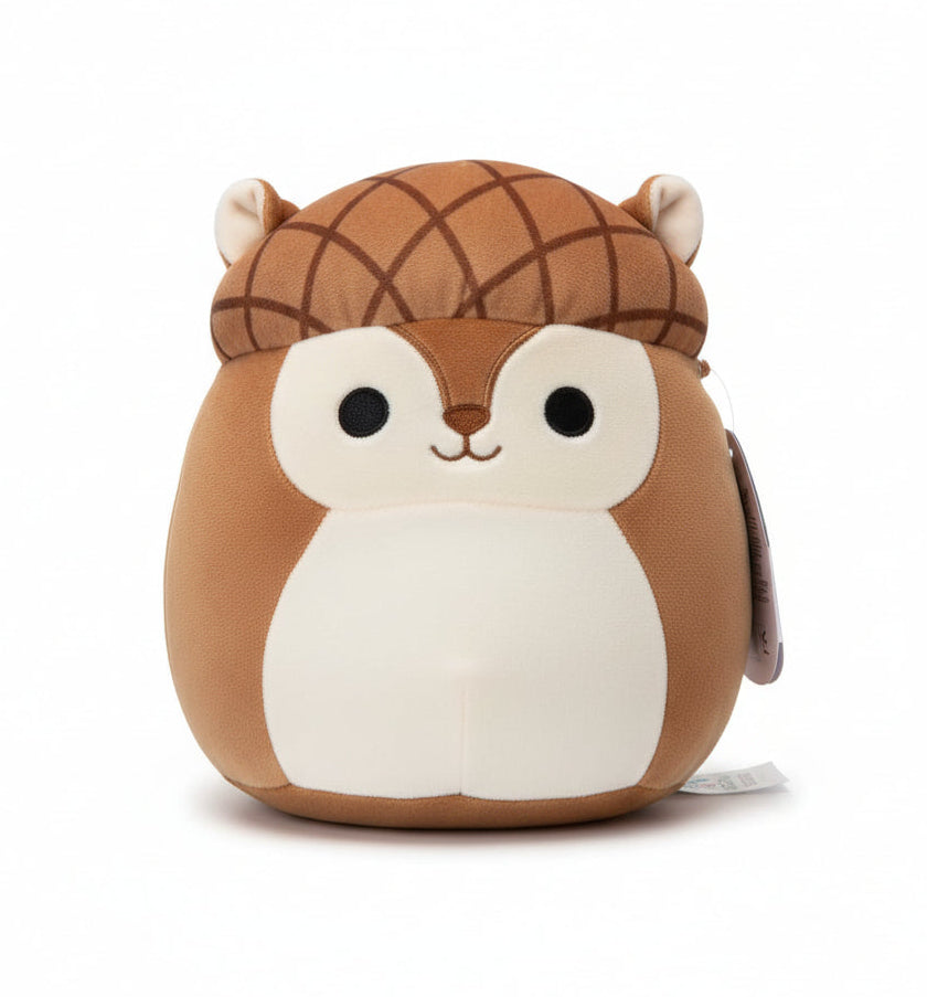 Plush toy resembling a squirrel with a brown shell on a white background
