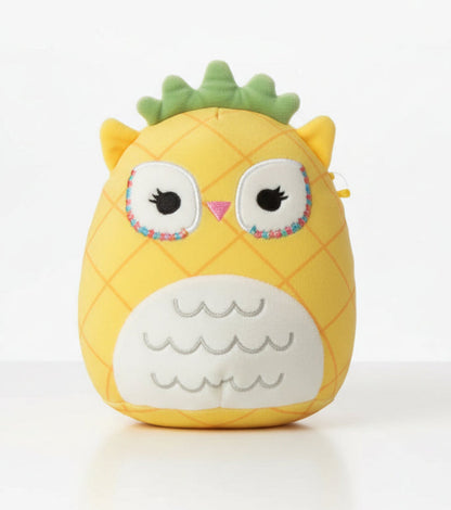Plush toy shaped like a pineapple with owl design on a white background