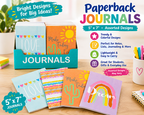 5" x 7" Paperback Journals – Assorted Designs | Colorful Notebooks - Lion Wholesale