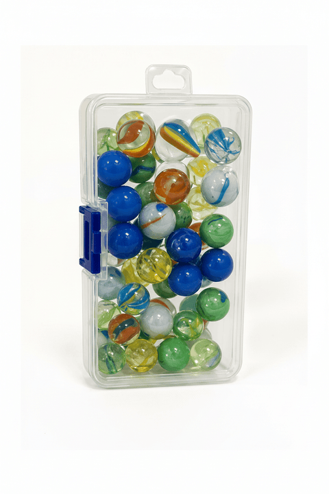 50 - Piece Marble Set in Plastic Container | 49 Playing Marbles + 1 Shooter - Lion Wholesale