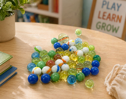 50 - Piece Marble Set in Plastic Container | 49 Playing Marbles + 1 Shooter - Lion Wholesale