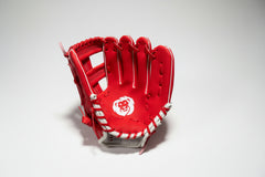 Red baseball glove with a logo on a white background