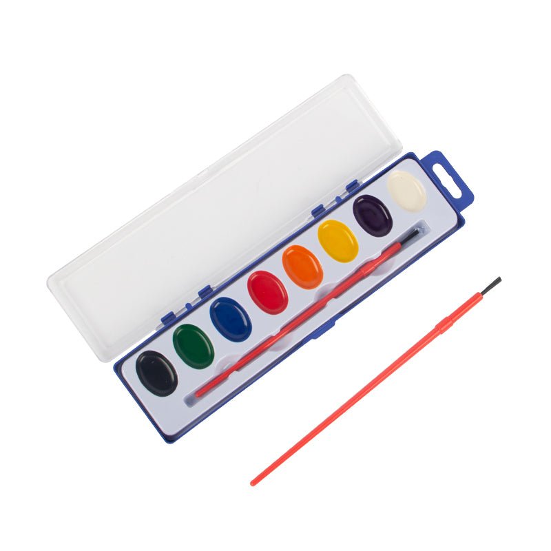 The 8 Color Watercolor Set, includes eight vibrant color pans and a red brush, housed in a travel-friendly plastic case.