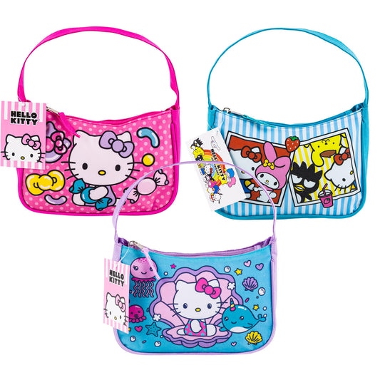 Hello Kitty Mini Shoulder Purses in pink and blue designs, each with colorful characters from Sanrio, sold individually.