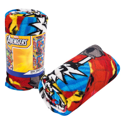 Marvel Avengers fleece blanket with colorful design on a white background