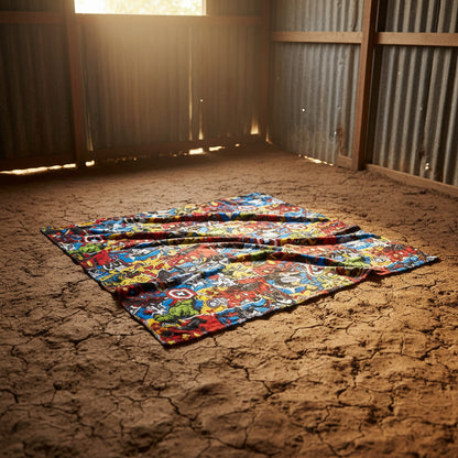 Marvel Avengers fleece blanket with colorful design on a mud floor in a tin hut