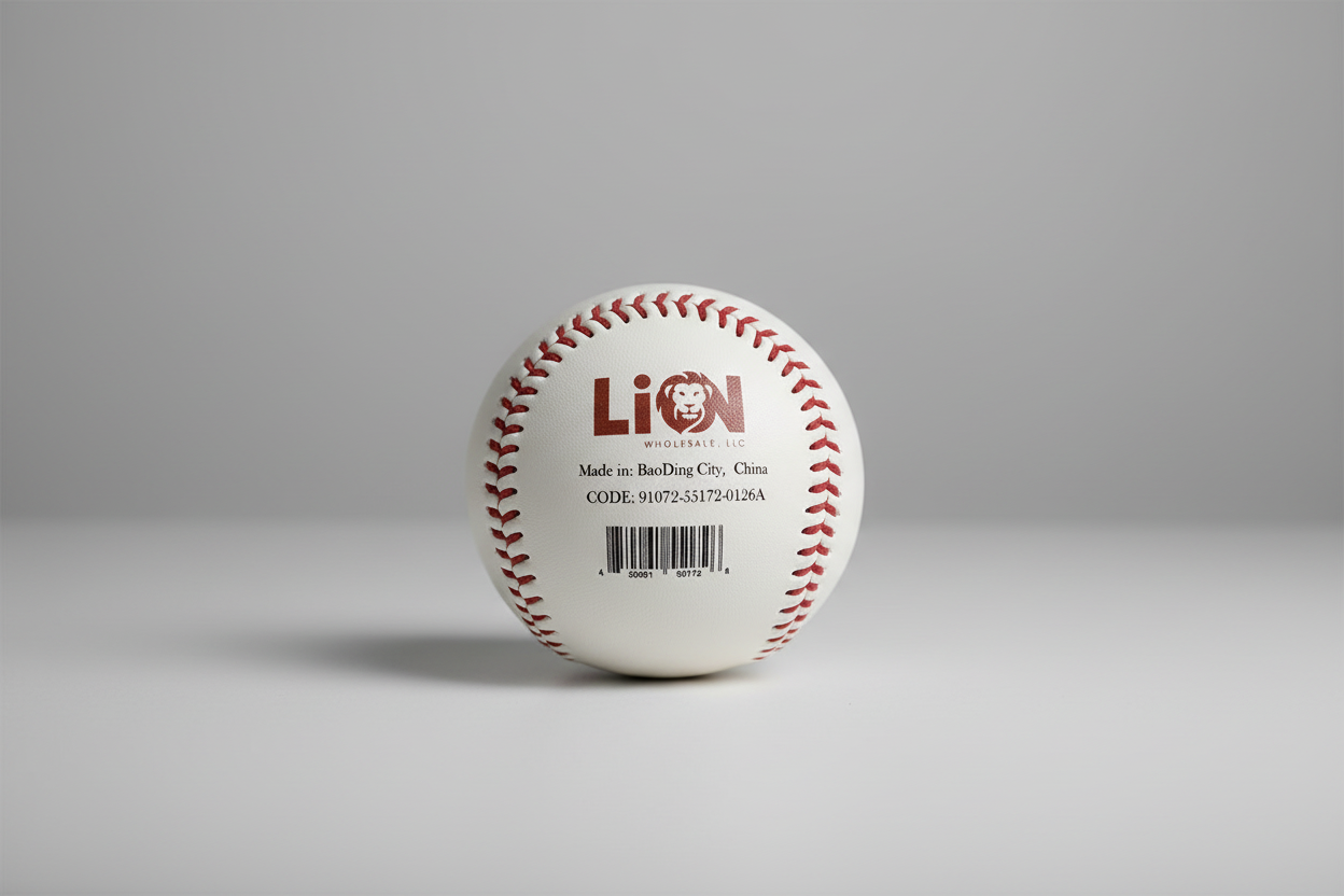 Baseball with Lion Wholesale, LLC branding and a visible barcode on a gray surface.