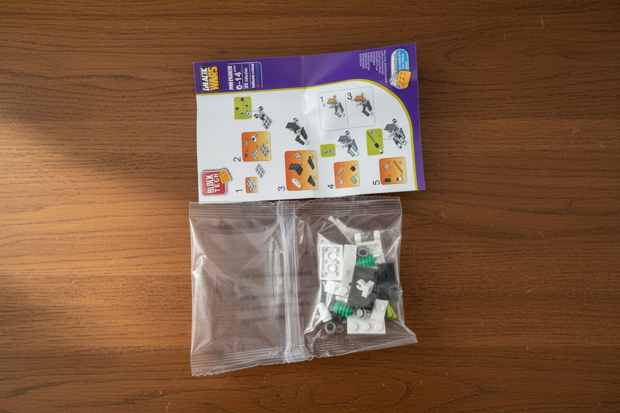 Unopened toy packaging with a purple leaflet on a wooden surface